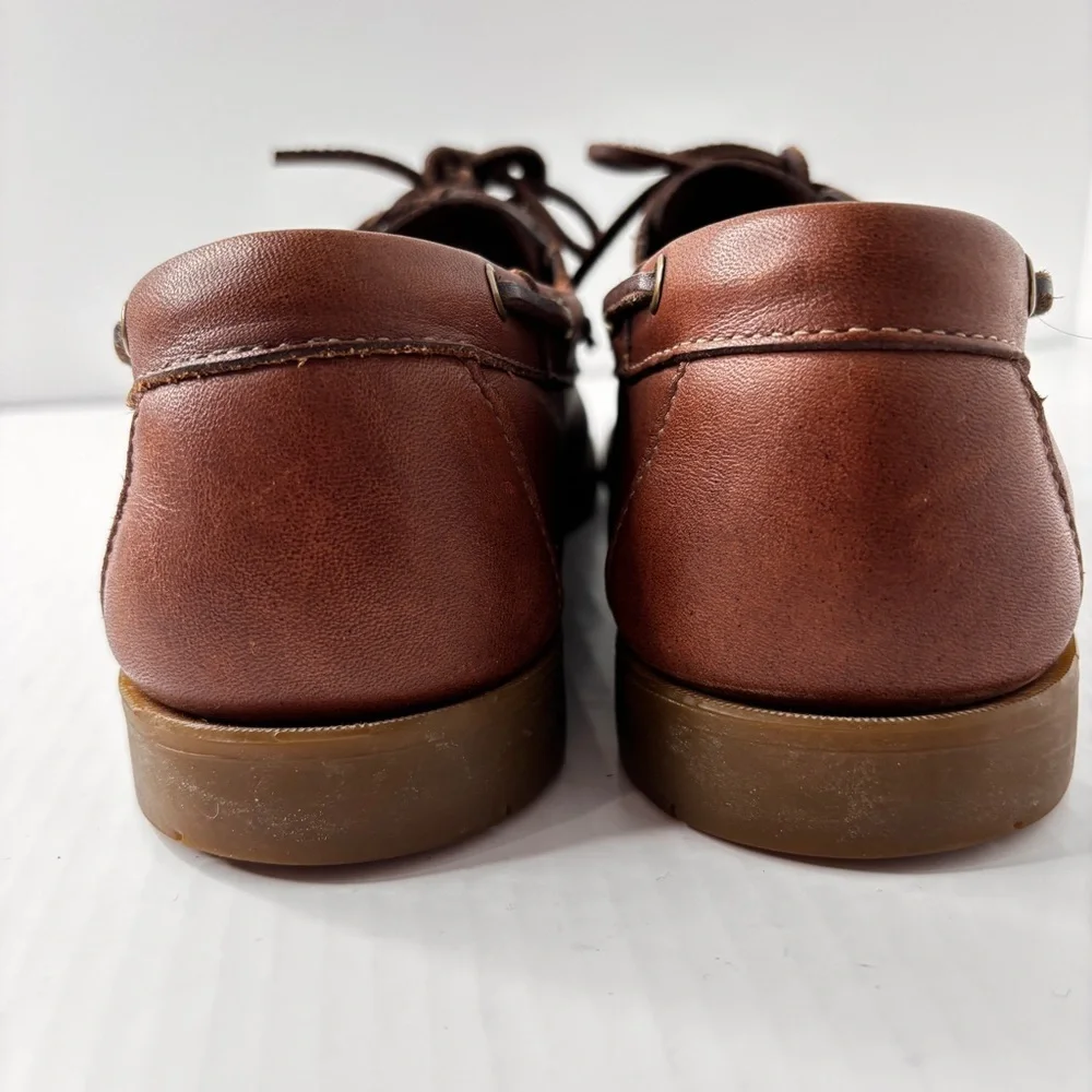Bass Mens Seafarer Boat Shoe Size 9.5 Moc-Toe Brown Leather Rawhide Lace Preppy